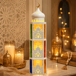 Wholesale Ramadan Lanterns 3-Tier Metal LED Light With Mosque Cutout For Ramadan Decorations Metal Fanoos With Crescent Moon