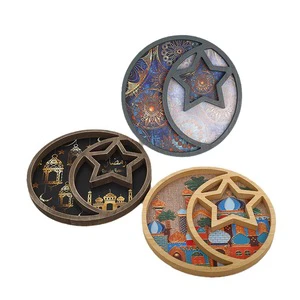 Ramadan Decoration 2024 Wooden Eid Mubarak Sun Star Moon Tray Dinner Plate Islamic Muslim Party Supplies Eid Mubarak Decoration