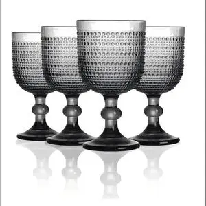 Wholesale 12oz Hand Blown Glassware Colored Goblet Wine Glasses Pressed Grey Vintage Embossed Dishwasher Safe