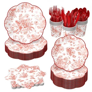 Spring Red Rose Flower Disposable Paper Tableware Set Chinese Style 4-Color Printed High Quality Party Table Decoration
