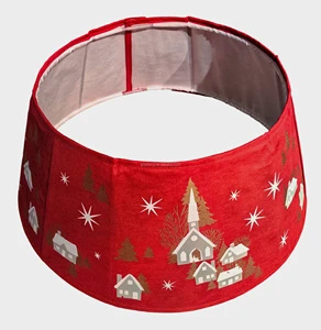26IN STAND BAND with Printed Village on BOA and Metallic Gold Trees with Red Faux Suede Trim for Christmas Decorations