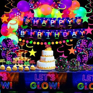 Glowing Neon Party Supplies Include Tablecloths Plates Napkins Balloons Swirls Birthday Banners Cake Decorations