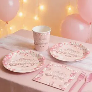 Pink Happy Birthday Party Decoration Set 81Pcs Disposable Tableware with Tablecloth for Baby Shower Bridal Shower