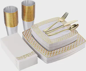 Chinese Wholesale Gold Dinnerware Set Square Plastic Plates Rose Gold Disposable Heavy Duty Gold Silverware Set for Pary