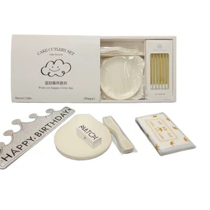 Disposable Birthday Cake Cutlery Set with Plates Forks Candles Napkins and Match - Eco Friendly Tableware Kit for Birthday