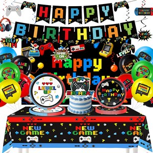 Factory Selling for New Colorful Gaming Console Party Supplies Set with Tablecloth Game Controller-Shaped Paper Plates Balloons
