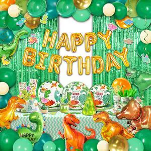 Dinosaur Birthday Party Decorations for Boy Tableware Sets Fringe Curtains Paper Plates Paper Cups Green Dinosaur Balloon Kit