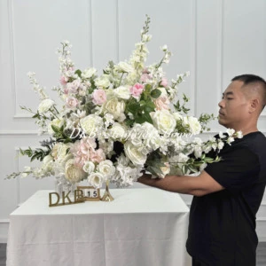 DKB Wholesale 60cm Elegant Wedding Table Flower and Decoration Fresh Style Pink White Silk Rose Big Flower Ball Center Pieces