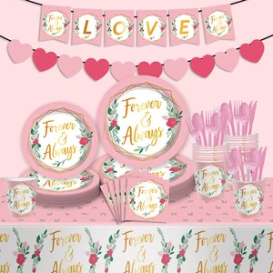 Pink Themed Wedding Decorations Party Set Including Flowers Paper Plates Tablecloths Banners Party Tableware Table Decorations
