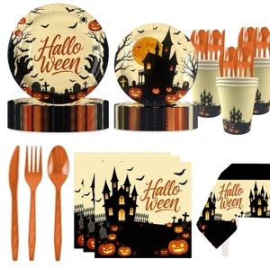 Halloween Ghost Pumpkin Disposable Paper Tableware Birthday Party Decoration Set Plates Cups Tissues Tablecloth Party Favors