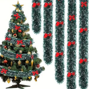 Christmas Dark Green Bowknot Pom Pom White Tip Window Decoration Ribbon Christmas Tree Hanging Garland Ribbon
