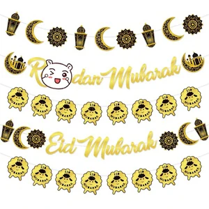 Muslim Ramadan Party Supplies Decorations Black Gold Eid Mubarak Celebration Decoration Banner for Muslim Ramadan Mubarak Party