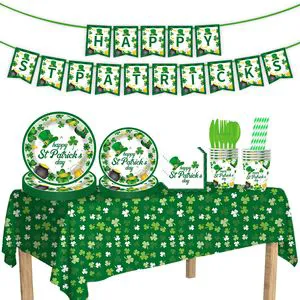 Bulk St. Patrick's Day Disposable Tableware Kit Plates Cups Cutlery Set Banner for Event Planners Holiday Party Catering