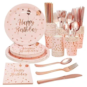 Serve 24 People Rose Gold Polka Dot Star Print Disposable Tableware Paper Plates Birthday Party Decorations Supplies Set