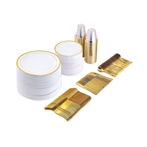 100 Guests Premium Eco Friendly Luxury Gold Rim Disposable Plastic Dinnerware Sets With Cutlery For Wedding Banquet Serving