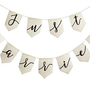 Vintage Rustic Just Married Burlap Banner Black Letters Wedding Decoration Pre-Assembled Fade Resistant Reusable