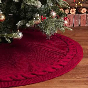 48-Inch Knitted Christmas Tree Skirt in Burgundy Western Style Apron Ornaments Stand and Accessories