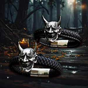 Wholesale GothicLolita Men's Retro Punk New Fashionable Stainless Steel Leather Bracelet Titanium Steel Prajna Mask Bangles for