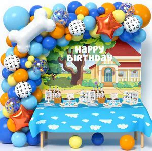 118PCS Dog Blue Party Decorations Birthday Supplies Paw Balloons Garland Arch Kit Backdrop Tablecloth Bone Balloon Kids Birthday