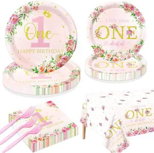 Modern Floral 1st Birthday Party Tableware Set for Baby Girls Onederful Dinnerware & Tablecloth Serving 24 Guests