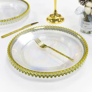 Best Selling Party Tableware & Table Decorations Round 13 Inch Clear Plastic Charger Plates With Gold Beads for Events