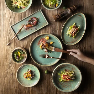 Restaurante Porcelain Tableware Geschirr Japanese Dishes Crockery Platter Ceramic Plate Set Restaurant Green Dinnerware Sets