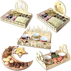 Wholesale Wood Crafts Islamic Decor Food Storage Trays Ramadan Decorations Gifts Moon Star Eid Mubarak Wooden Ramadan Tray