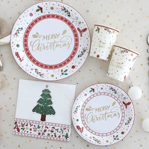 Modern Christmas Party Tableware Set Disposable Round Paper Plates and Cups Hot Stamping Christmas Decorative Tablecloths