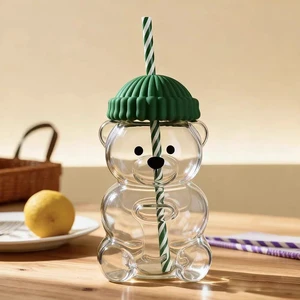 Internet Celebrity Bear Shape High Borosilicate Glass Glass Cup With Green Silicone Hat And Colored Straw