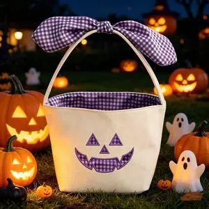 Hot Sale Canvas Plaid Halloween Decoration Bucket Candy Pumpkin Face Trick Treat Gingham Basket Halloween