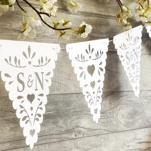 Personalized Wedding Bunting & Banners | Hollow Floral Rustic Pennants | Custom Shapes/Patterns | Bridal Shower Engagement Decor
