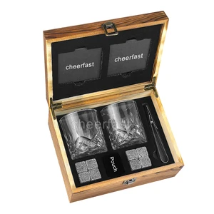Retro Burn Wood Box Whiskey Glasses With Whiskey Stones And Slate Coaster In Wooden Box Kit Chilling Stones Set For Man Gift