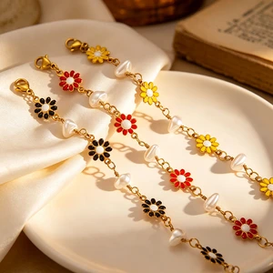 Wholesale Women's Gold Plated Colorful Daisy Vintage Chain & Link Bracelets Stainless Steel Waterproof Jewelry for Parties