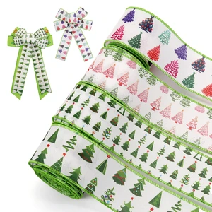 Festive Green Christmas Ribbon Assorted With Wired Edge Merry Christmas Reindeer Printed Ribbon For Tree Toppers Gift Wrapping