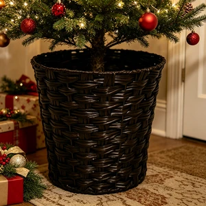Black Color Boho Style Rattan Christmas Tree Stand Rattan Tree Base Collar For Xmas Home Decoration