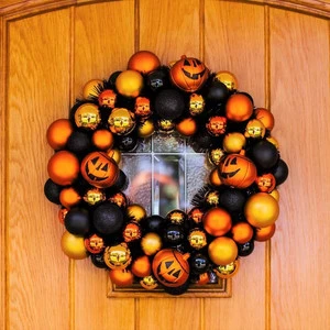 Halloween Wreath Orange Pumpkin Ornaments and Black Decorations for Party Hanging Decor