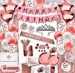 Party Spot Rose Gold Party Decorations Balloon Stand Kit Tableware Kit Pump Banner Tassel Curtain Balloon for 25 Guests