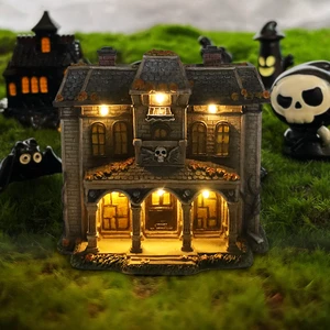 2024 Factory Supplies Wholesale Resin Pumpkin Ghost Skull Halloween Village With Light Resin Haunted House Props Halloween Decor