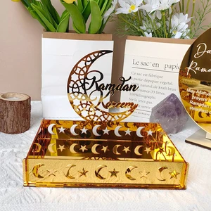 Hot Selling Custom Gold Acrylic Modern Ramadan Kareem Tray with Silk-Screen Printing for Muslim Party Supplies