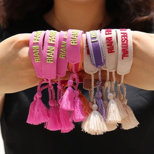 Custom Polyester Music Party Events Embroidery LOGO Wrist Band Wristband Tassel Adjustable Woven Bracelet
