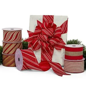 Striped Christmas Wired Ribbons Durable Burlap Material