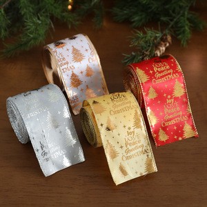Xmas Gold Letter Printed Christmas Ribbon 6.3CM Christmas Tree Printed Ribbon for Christmas Decoration