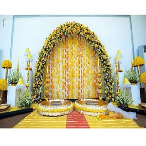 Beautiful Modern Lightweight Haldi Decoration Setup for Bride Groom Wedding Ceremony Backdrop with Treated Wood Stage