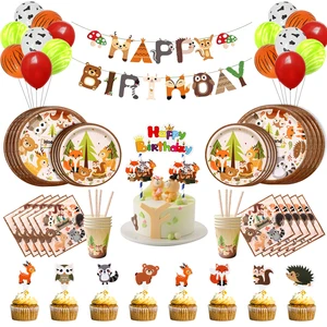Nicro Jungle Animal Theme Woodland Party Decoration Balloon Banner Cake Topper Tableware Set for Kids Birthday Party Supplies