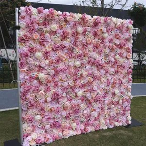 OEM Stage 3d pink Wedding Wall Backdrop Roll up Artificial Fabric 8ft X 8ft Flower Wall Backdrop Decoration