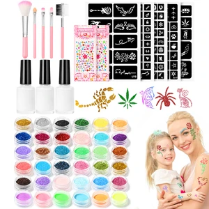 Kids Adult Face Body Painting DIY Glitter Stencil Halloween Christmas Body Art Sticker Set Glitter Sticker Temporary Tattoo Kit