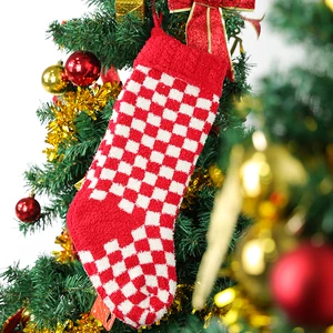 New Design Red And White Check Christmas Decorations Christmas Socks Embroidered Christmas Socks Gift Bags