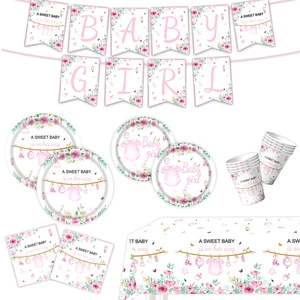 Pink Girl Festival Party Decoration Disposable Tableware Set, Paper Plates, Paper Cups, Tissues, Tablecloths