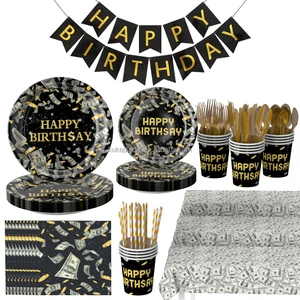 Hot Selling Luxury Black Gold Theme Disposable Balloon Set Happy Birthday Party Decoration Tableware Cross Border USD