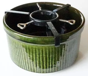 Green medium size Christmas tree stand / planter. Waku West Germany. Metal holder. Vintage mid century pottery. Original